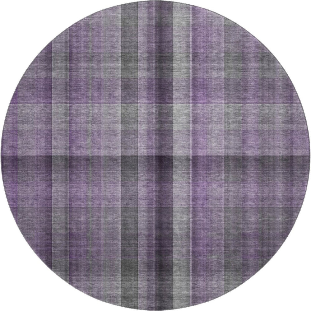 HomeRoots 8' Purple and Gray Plaid Washable Round Rug – Durable, Stain-Resistant, UV Protected for Family Homes 648511