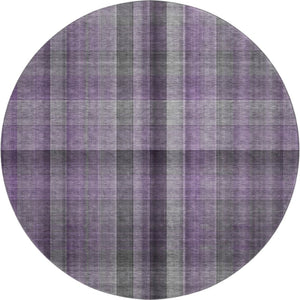 HomeRoots 8' Purple and Gray Plaid Washable Round Rug – Durable, Stain-Resistant, UV Protected for Family Homes 648511