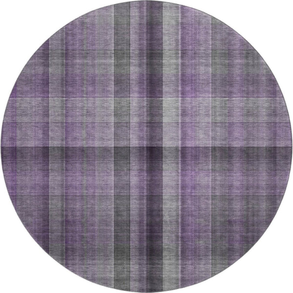 HomeRoots 8' Purple and Gray Plaid Washable Round Rug – Durable, Stain-Resistant, UV Protected for Family Homes 648511