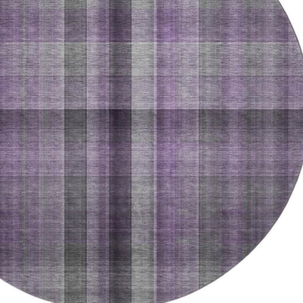 HomeRoots 8' Purple and Gray Plaid Washable Round Rug – Durable, Stain-Resistant, UV Protected for Family Homes 648511