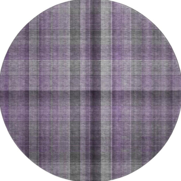 HomeRoots 8' Purple and Gray Plaid Washable Round Rug – Durable, Stain-Resistant, UV Protected for Family Homes 648511