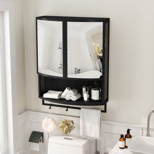 English Elm 23.62"Modern Arched Glass Cabinet with Shatterproof Mirror, Double-Layer Storage, Towel Rack, Black W757P314594