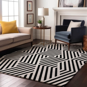 HomeRoots 8' X 10' Black and Ivory Geometric Area Rug - Washable, UV Protected, Durable for Everyday Use 648518