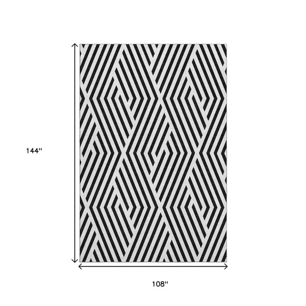 HomeRoots 9' X 12' Black and Ivory Geometric Washable Area Rug - Stylish, Durable, UV-Protected for Homes 648519