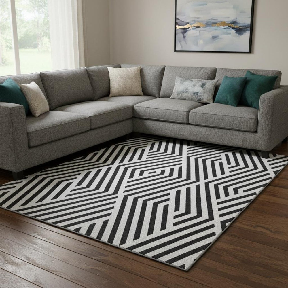 HomeRoots 9' X 12' Black and Ivory Geometric Washable Area Rug - Stylish, Durable, UV-Protected for Homes 648519