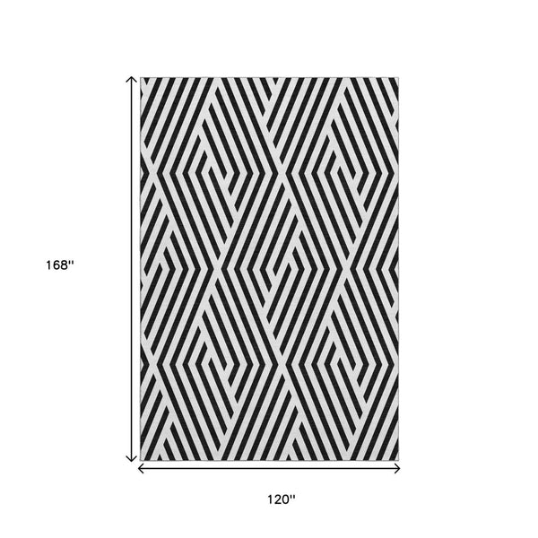HomeRoots 10' X 14' Black and Ivory Geometric Area Rug - Washable, UV-Protected, Durable for High-Traffic Spaces 648520
