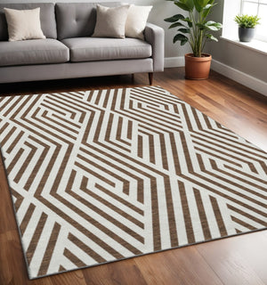HomeRoots 5' X 8' Brown And Ivory Geometric Area Rug - Durable, Washable, UV-Protected for Modern Homes 648522