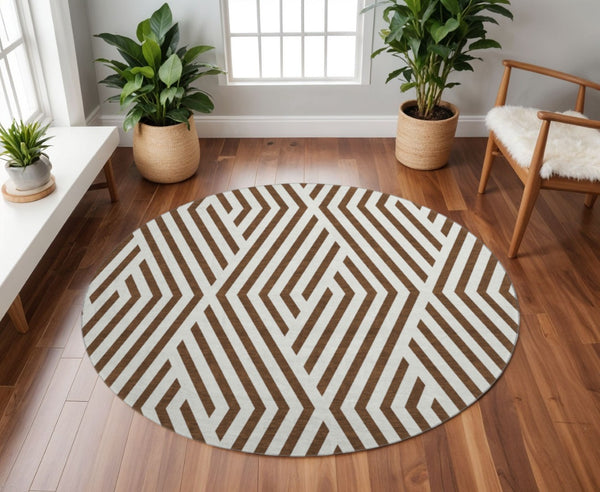 HomeRoots 8' Brown and Ivory Geometric Round Rug - Washable, UV-Protected, Stain Resistant for High-Traffic Areas 648523
