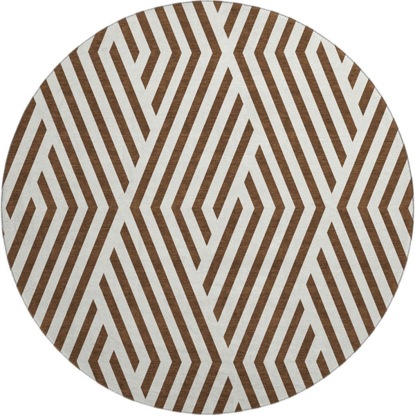 HomeRoots 8' Brown and Ivory Geometric Round Rug - Washable, UV-Protected, Stain Resistant for High-Traffic Areas 648523