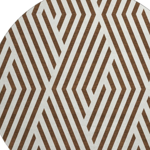 HomeRoots 8' Brown and Ivory Geometric Round Rug - Washable, UV-Protected, Stain Resistant for High-Traffic Areas 648523