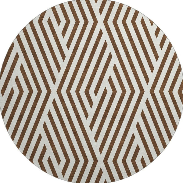 HomeRoots 8' Brown and Ivory Geometric Round Rug - Washable, UV-Protected, Stain Resistant for High-Traffic Areas 648523