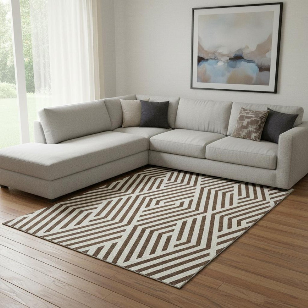 HomeRoots 8' X 10' Stylish Brown and Ivory Geometric Area Rug - Washable, UV Protected, Perfect for High-Traffic Spaces 648524