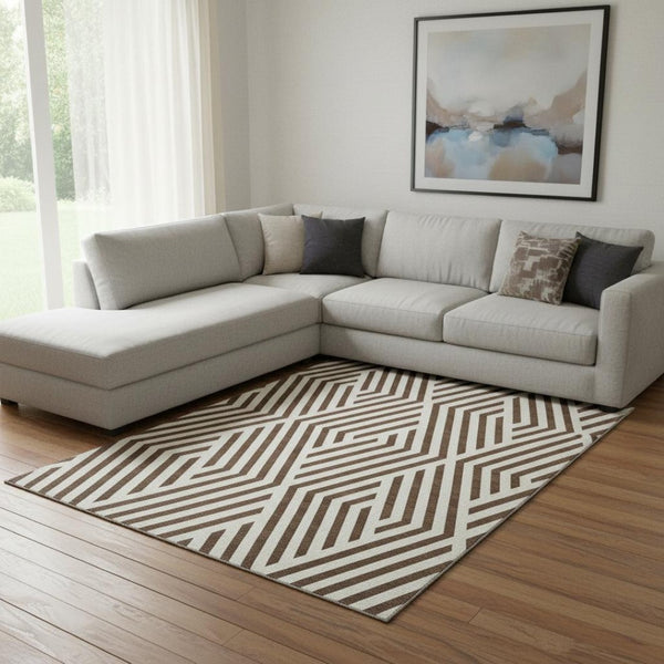 HomeRoots 8' X 10' Stylish Brown and Ivory Geometric Area Rug - Washable, UV Protected, Perfect for High-Traffic Spaces 648524