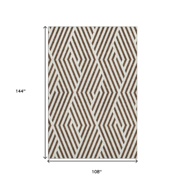 HomeRoots 9' X 12' Brown and Ivory Geometric Area Rug - Stylish, Washable, UV-Protected for High-Traffic Spaces 648525