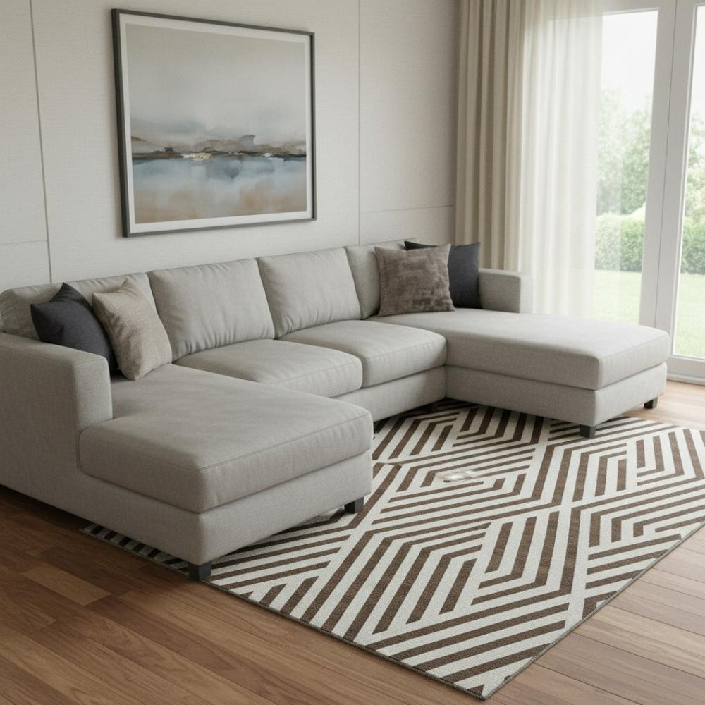 HomeRoots 9' X 12' Brown and Ivory Geometric Area Rug - Stylish, Washable, UV-Protected for High-Traffic Spaces 648525