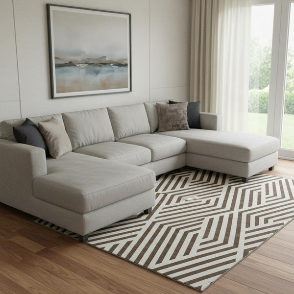 HomeRoots 9' X 12' Brown and Ivory Geometric Area Rug - Stylish, Washable, UV-Protected for High-Traffic Spaces 648525