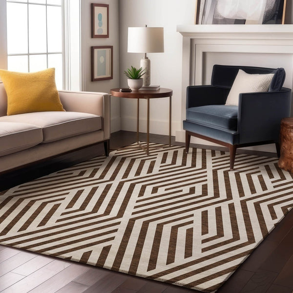 HomeRoots 9' X 12' Brown and Ivory Geometric Area Rug - Stylish, Washable, UV-Protected for High-Traffic Spaces 648525