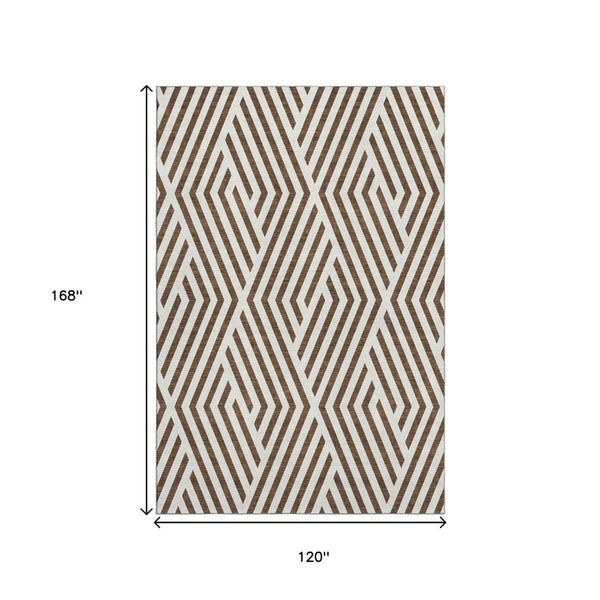 HomeRoots 10' X 14' Brown And Ivory Geometric Washable Area Rug – Stylish, Durable, UV-Protected for Busy Homes 648526