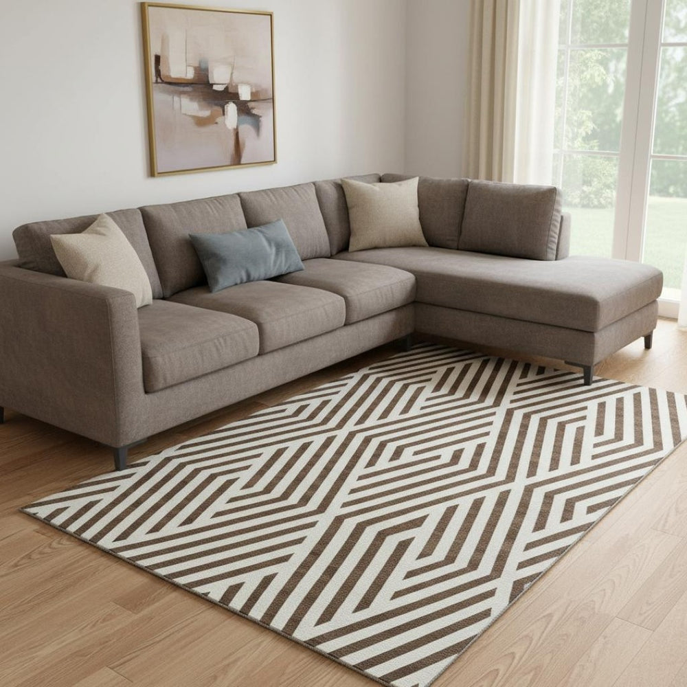 HomeRoots 10' X 14' Brown And Ivory Geometric Washable Area Rug – Stylish, Durable, UV-Protected for Busy Homes 648526