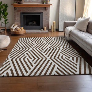 HomeRoots 10' X 14' Brown And Ivory Geometric Washable Area Rug – Stylish, Durable, UV-Protected for Busy Homes 648526