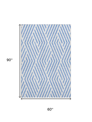 HomeRoots 5' X 8' Denim Blue & Ivory Geometric Area Rug - Washable, Stain-Resistant, UV-Protected Elegance 648528