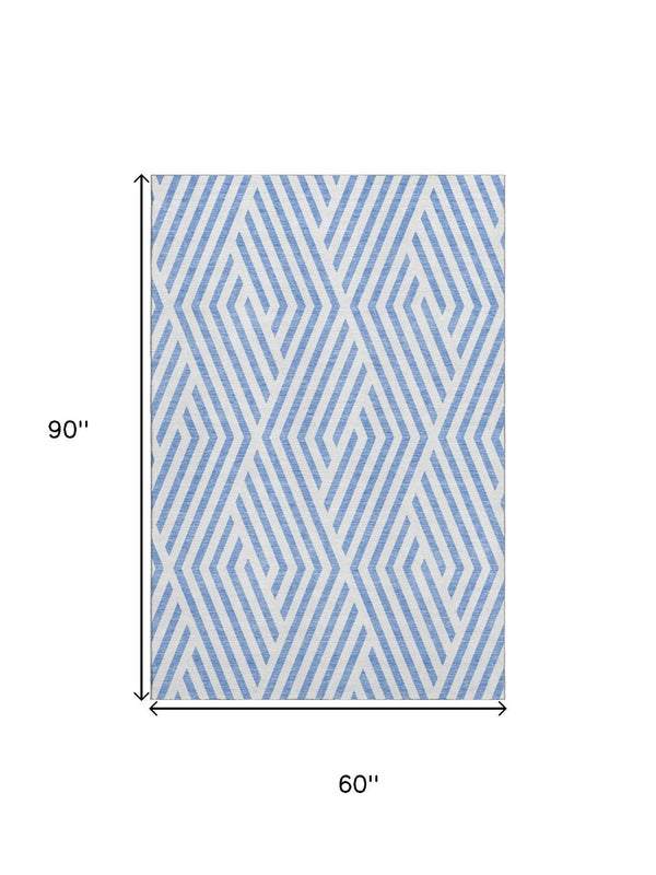 HomeRoots 5' X 8' Denim Blue & Ivory Geometric Area Rug - Washable, Stain-Resistant, UV-Protected Elegance 648528