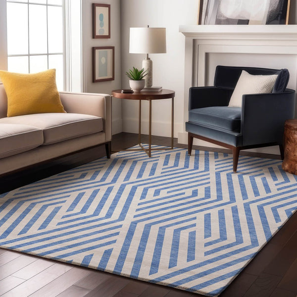 HomeRoots 5' X 8' Denim Blue & Ivory Geometric Area Rug - Washable, Stain-Resistant, UV-Protected Elegance 648528