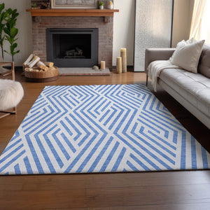 HomeRoots 5' X 8' Denim Blue & Ivory Geometric Area Rug - Washable, Stain-Resistant, UV-Protected Elegance 648528