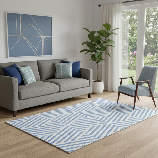 HomeRoots 5' X 8' Denim Blue & Ivory Geometric Area Rug - Washable, Stain-Resistant, UV-Protected Elegance 648528