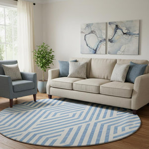 HomeRoots 8' Stylish Denim Blue & Ivory Geometric Round Rug – Washable, UV Protected, Perfect for High-Traffic Areas! 648529