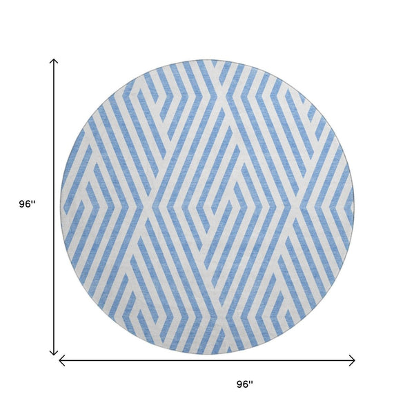 HomeRoots 8' Stylish Denim Blue & Ivory Geometric Round Rug – Washable, UV Protected, Perfect for High-Traffic Areas! 648529