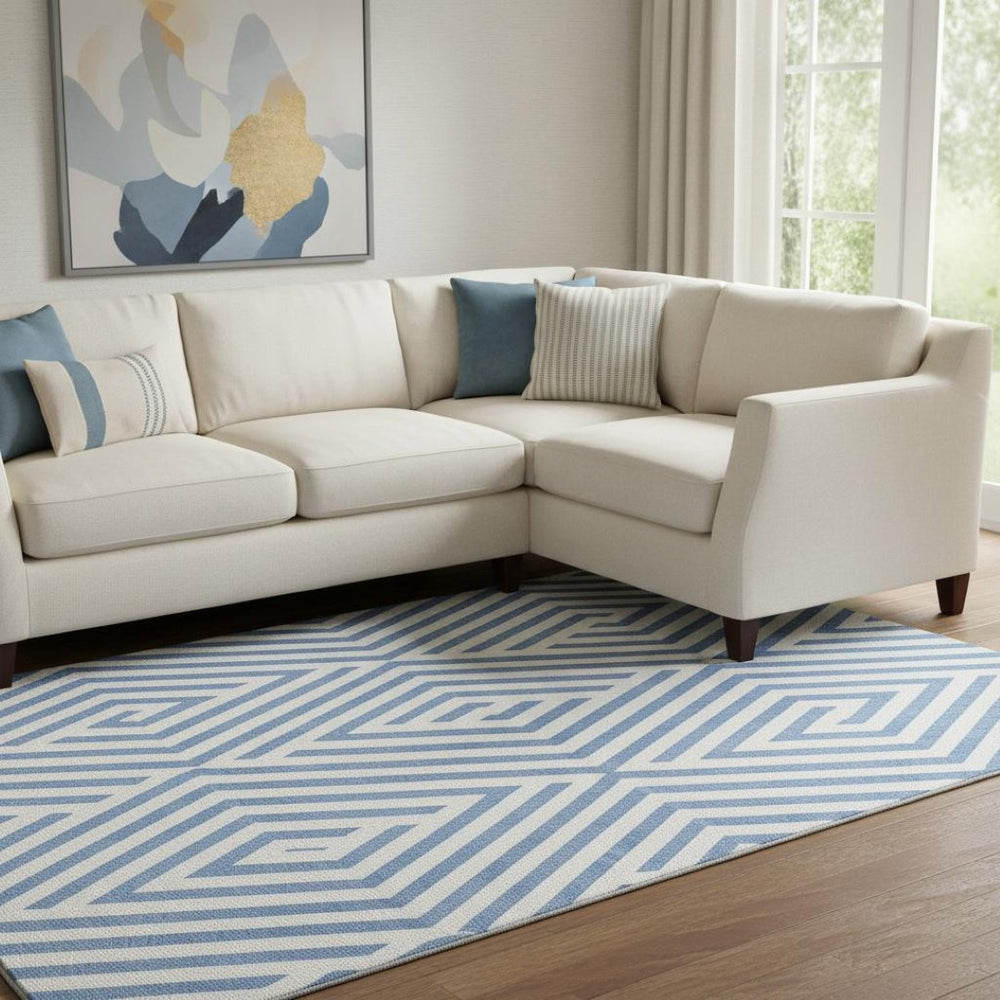 HomeRoots 8' X 10' Stylish Denim Blue & Ivory Geometric Area Rug - Washable, UV Protected, Perfect for Homes! 648530
