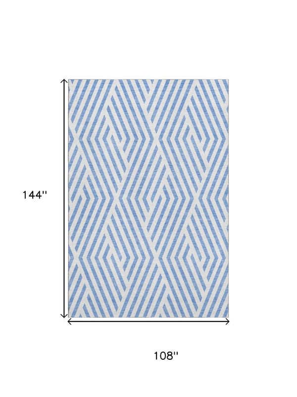 HomeRoots 9' X 12' Denim Blue Geometric Area Rug - Washable, UV-Protected, Stain-Resistant for Busy Homes 648531