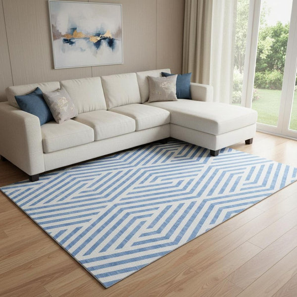HomeRoots 9' X 12' Denim Blue Geometric Area Rug - Washable, UV-Protected, Stain-Resistant for Busy Homes 648531