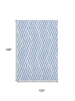 HomeRoots 10' X 14' Denim Blue & Ivory Geometric Area Rug - Washable, UV-Protected, Durable for High-Traffic Spaces 648532