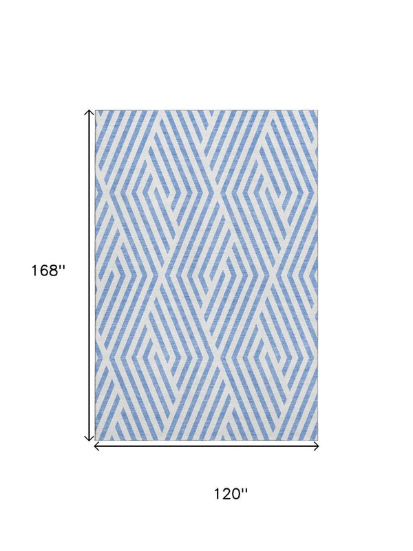 HomeRoots 10' X 14' Denim Blue & Ivory Geometric Area Rug - Washable, UV-Protected, Durable for High-Traffic Spaces 648532