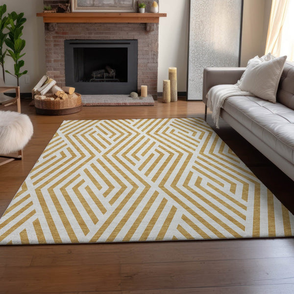 HomeRoots 5' X 8' Gold & Ivory Geometric Area Rug - Washable, UV Protected, Stylish for High-Traffic Spaces 648534