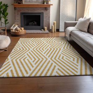 HomeRoots 8' X 10' Gold and Ivory Geometric Area Rug - Washable, UV Resistant for Modern Living Spaces 648536