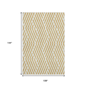 HomeRoots 9' X 12' Gold and Ivory Geometric Area Rug – Durable, Washable, UV-Protected for Modern Living Spaces 648537