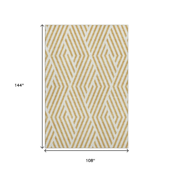 HomeRoots 9' X 12' Gold and Ivory Geometric Area Rug – Durable, Washable, UV-Protected for Modern Living Spaces 648537