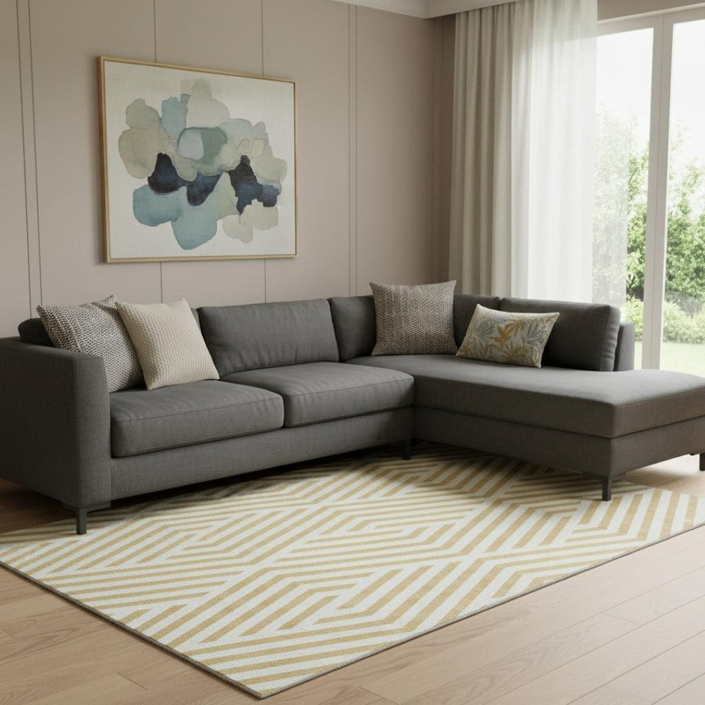 HomeRoots 9' X 12' Gold and Ivory Geometric Area Rug – Durable, Washable, UV-Protected for Modern Living Spaces 648537