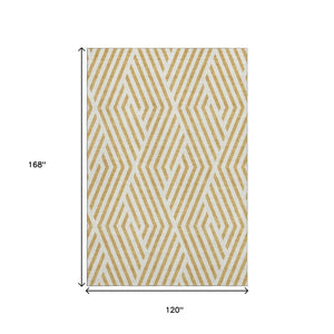HomeRoots 10' X 14' Gold and Ivory Geometric Washable Area Rug - Stain Resistant, UV Protected, Stylish Comfort 648538