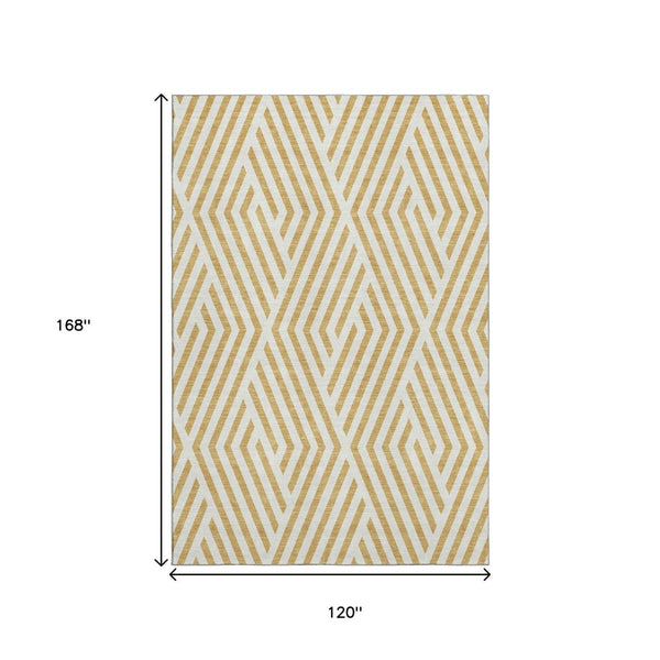 HomeRoots 10' X 14' Gold and Ivory Geometric Washable Area Rug - Stain Resistant, UV Protected, Stylish Comfort 648538