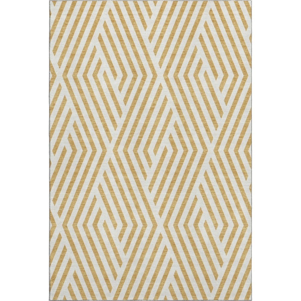 HomeRoots 10' X 14' Gold and Ivory Geometric Washable Area Rug - Stain Resistant, UV Protected, Stylish Comfort 648538