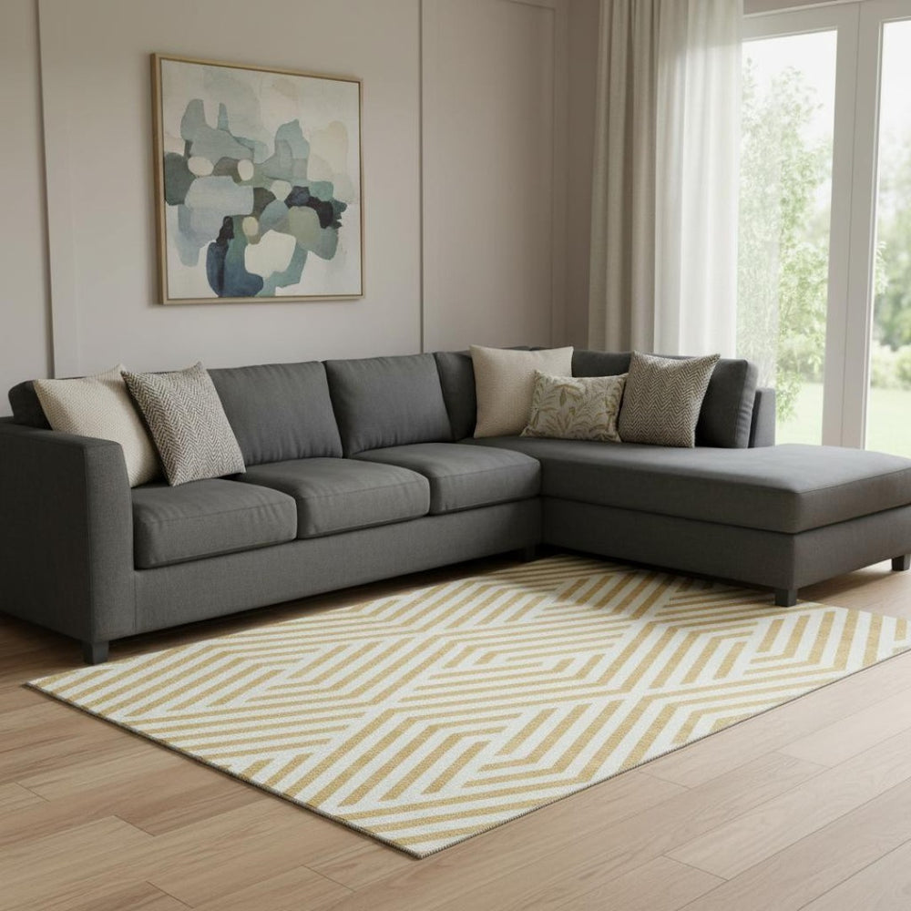 HomeRoots 10' X 14' Gold and Ivory Geometric Washable Area Rug - Stain Resistant, UV Protected, Stylish Comfort 648538