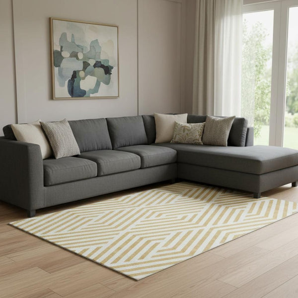 HomeRoots 10' X 14' Gold and Ivory Geometric Washable Area Rug - Stain Resistant, UV Protected, Stylish Comfort 648538