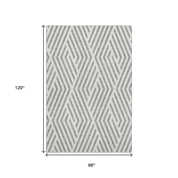 HomeRoots 8' X 10' Gray and Ivory Geometric Washable Area Rug – Durable, UV-Protected, Ideal for Busy Homes! 648542