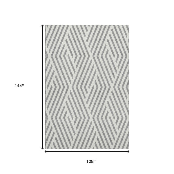 HomeRoots 9' X 12' Gray and Ivory Geometric Area Rug – Durable, Washable, UV-Protected for High-Traffic Spaces 648543