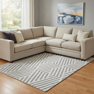 HomeRoots 9' X 12' Gray and Ivory Geometric Area Rug – Durable, Washable, UV-Protected for High-Traffic Spaces 648543