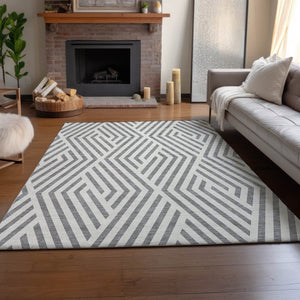 HomeRoots 9' X 12' Gray and Ivory Geometric Area Rug – Durable, Washable, UV-Protected for High-Traffic Spaces 648543